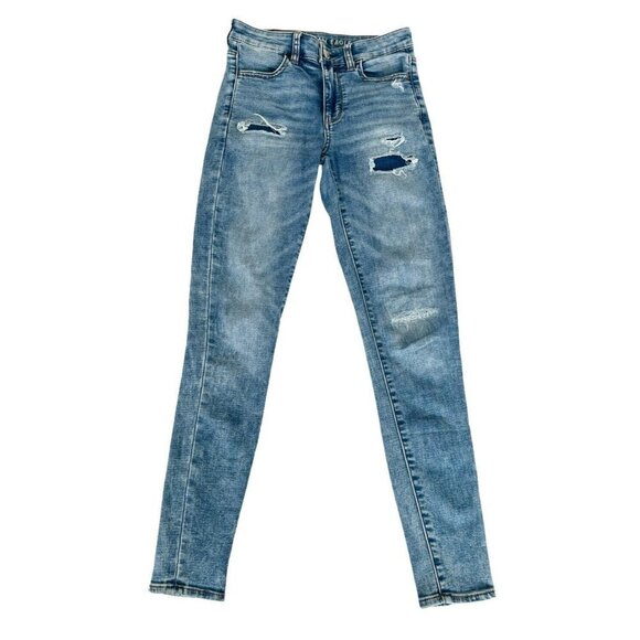 AMERICAN EAGLE Women's Sz 2 Super Stretch Hi Rise Jegging Jeans Patches - Picture 1 of 11
